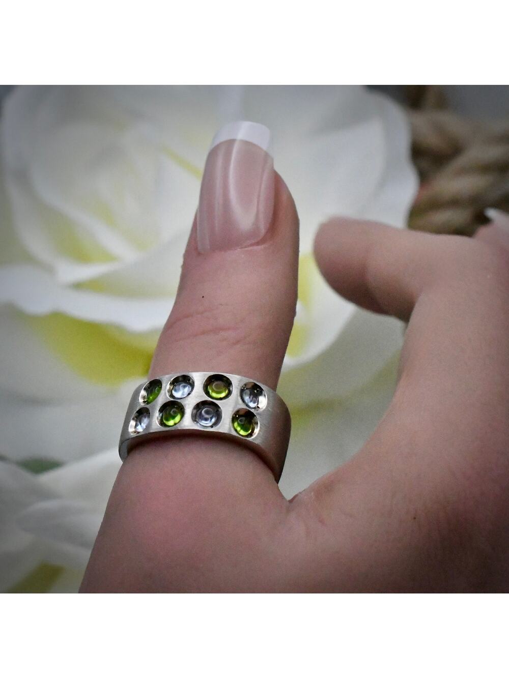 Vintage Zoppini Italy 925 Sterling Silver Green Stone Wide Band Bubble Ring Sz 7